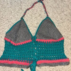 Crochet Halter Top in Gray and Teal with Pink Accents